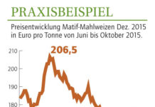 Lukrative Deckungsbeiträge mit Warenterminkontrakten absichern Preisentwicklung Matif-Mahlweizen Dez. 2015 in Euro pro Tonne von Juni bis Oktober 2015.