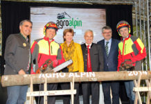 Hermann Lindner: Die Agroalpin ist für Tirols Landwirtschaft unverzichtbar Mit einer gekonnten Einlage mit der Motorsäge eröffneten im Jahr 2014 Bauernbundobmann LHStv. Josef Geisler (2. v. l.) und Landwirtschaftskammerpräsident Ing. Josef Hechenberger (r.) die Agroalpin 2014. Mit am Podium (v. l.) Dr. Georg Hetzenauer