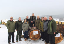 Erfolgsgeschichte Laubholzsubmission LK-Präsident Hermann Schultes (l.) und Waldkönigin Anna-Maria mit Vertretern des NÖ Waldverbands und der Käufer beim teuersten Stamm der 15. Laubholzversteigerung.