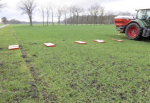 Auf die Streugenauigkeit kommt es an Prüfschalensets zur Ermittlung der Querverteilung (Fünfpunktmessung) sind ab etwa 300 Euro erhätlich. Im Bild eine Querverteilungsmessung beim Grenzstreuen am Feldrand.