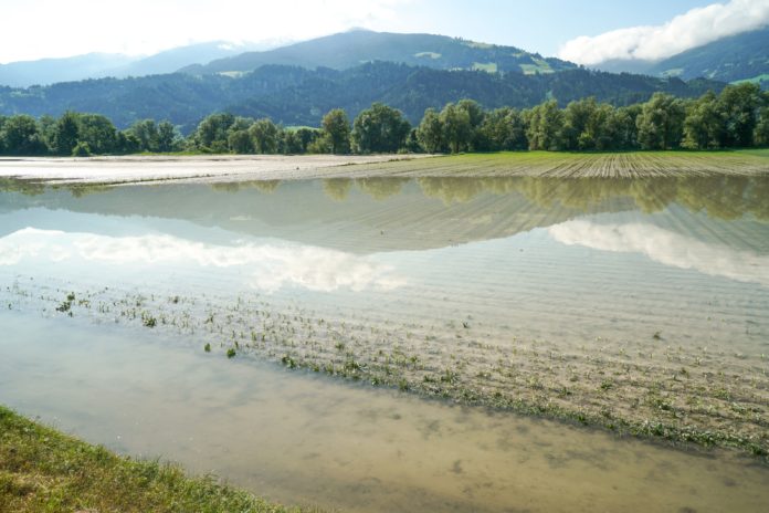 Das Hochwasser der vergangenen Woche hat erhebliche Flurschäden verursacht. Im Bild zu sehen ist ein überflutetes Feld zwischen Terfens und Vomp.