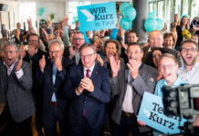 Schwarze Zahlen: Plus von neun Prozent für VP Tirol NR Hermann Gahr feierte mit LH Günther Platter den Wahlerfolg.