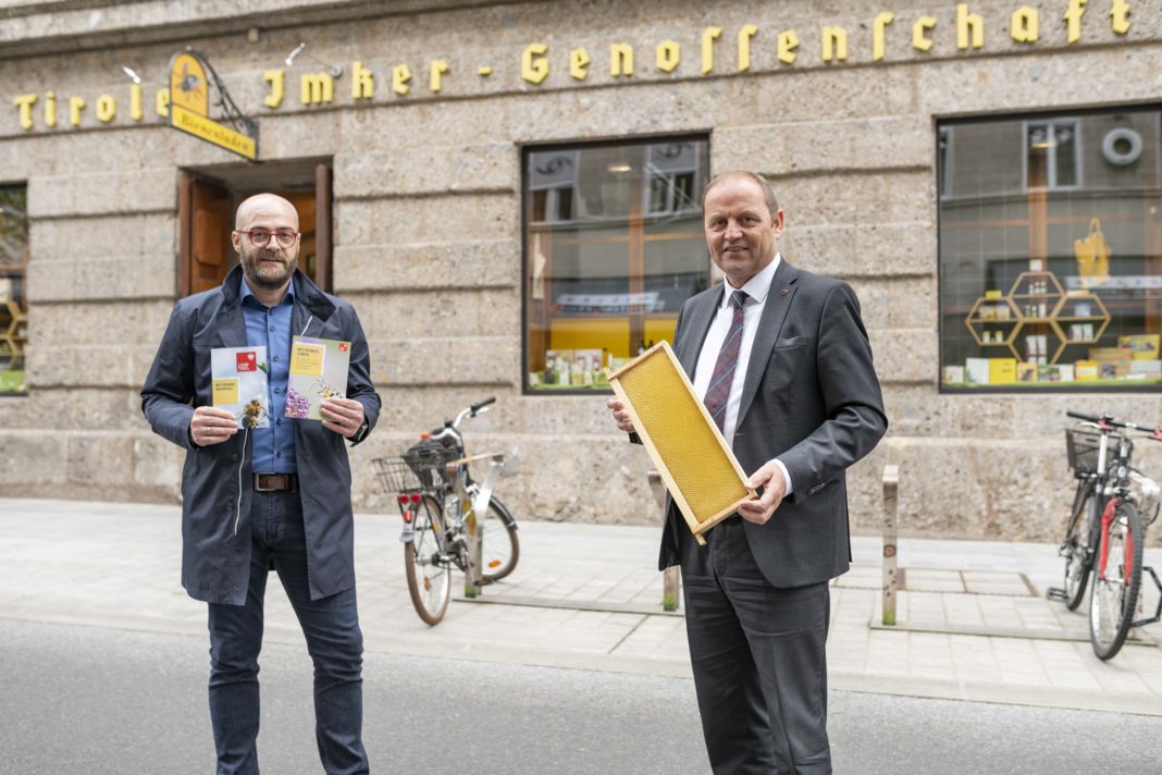 LHStv. Josef Geisler und der Bienenexperte des Landes, Andreas Tschöll, präsentieren die neue Landesbroschüre „Bestäuber. Leben.“