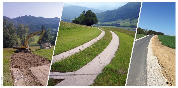 Ein Unterbau für einen Schotterweg, ein Betonspurweg und ein Asphaltweg mit einer Wiesenmulde