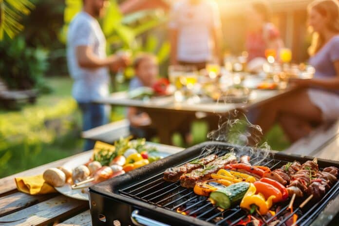 Barbeque Grill Street Food, Eat Outdoors In A Happy Family. Holiday Celebration Concept
