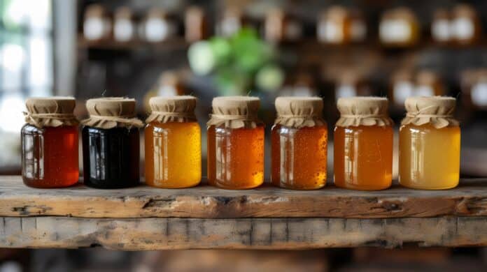 A Row Of Jars Filled With Different Colored Honey