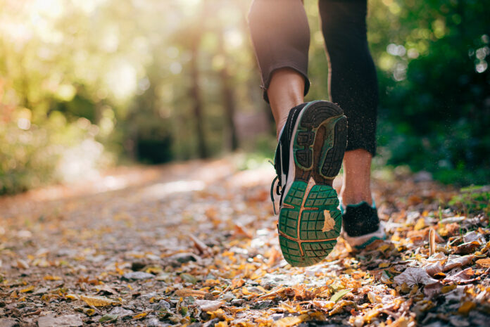 Closeup Of Running Shoe Of The Person Running In The Nature With